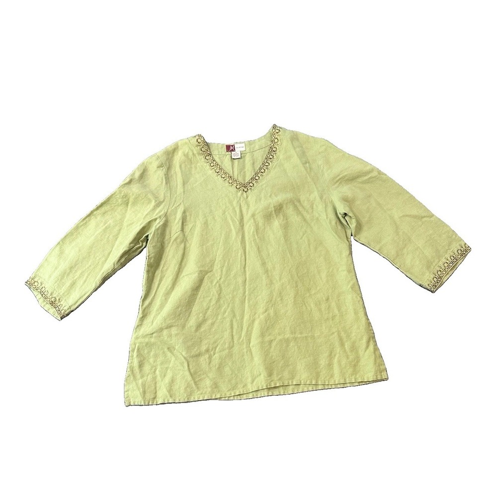 100% Linen Green Tunic Womens Top 14 Embroidered Boho Cottagecore Coastal Resort